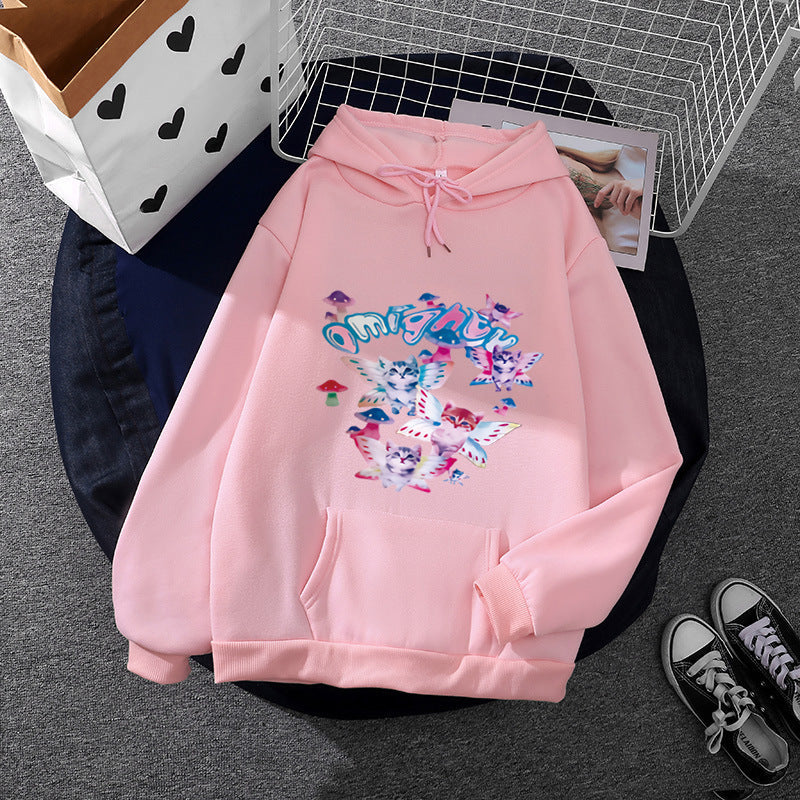 Sweat à capuche pour femmes avec un imprimé ludique de chat et de papillon et poche kangourou Echo Archiv