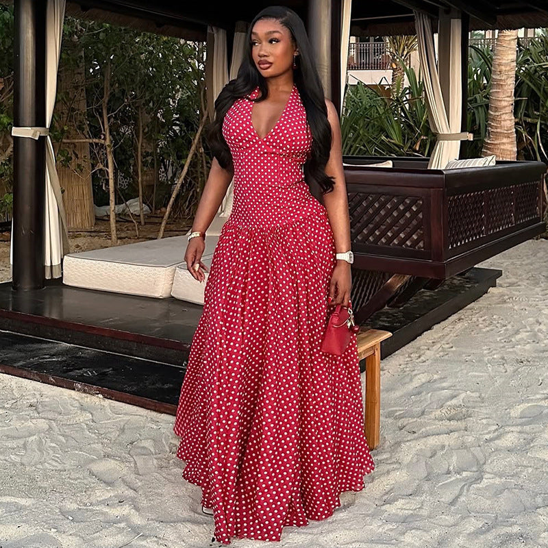 Robe longue à dos nu pour femmes avec décolleté en V profond, couture empire cintrée et jupe évasée à volants R&B