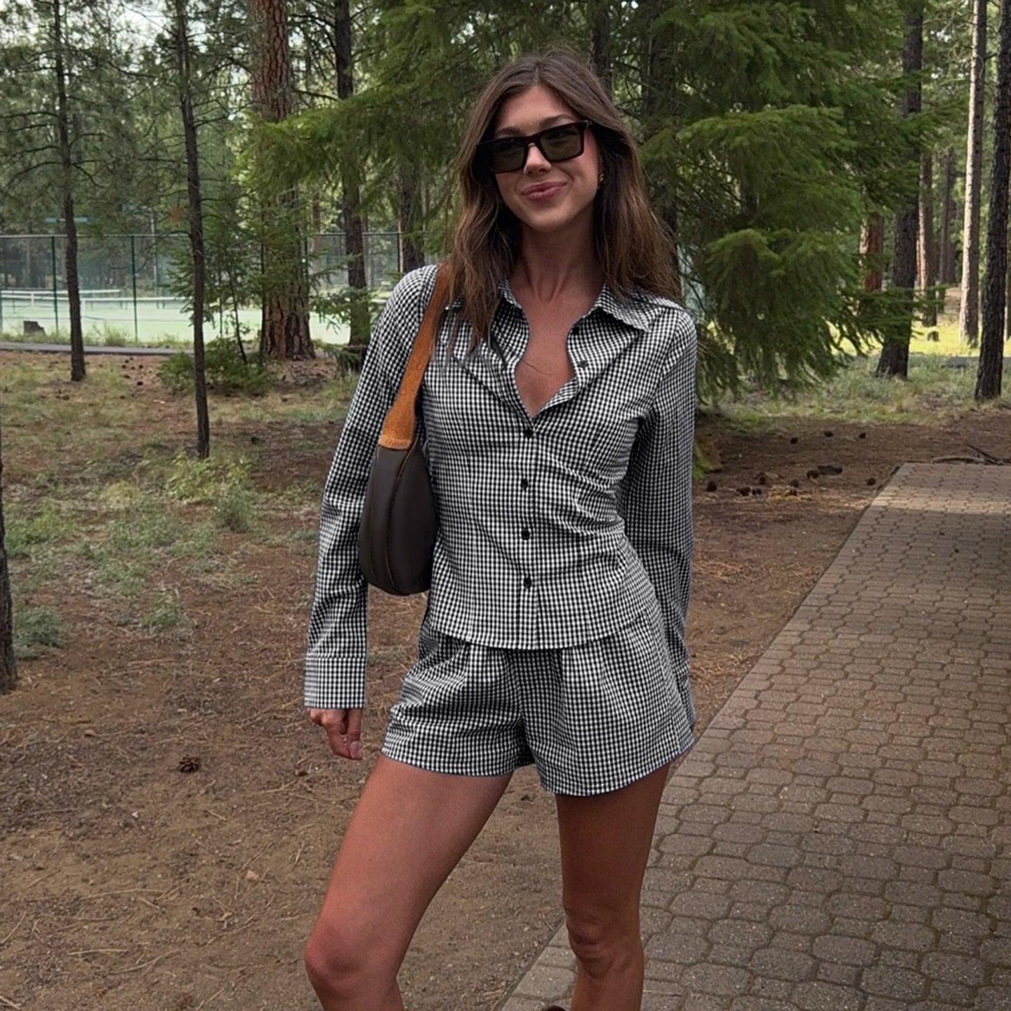 Ensemble Vichy deux pièces pour femmes avec une veste blouson cintrée à coutures viennoises et un short taille haute Echo Archiv