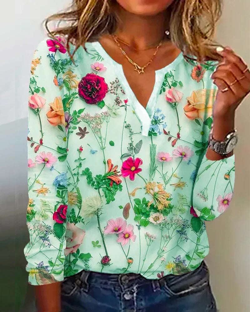 Blouse Longue Florale Femme en Look Chiffon avec Décolleté en V et Silhouette Décontractée Echoarchiv