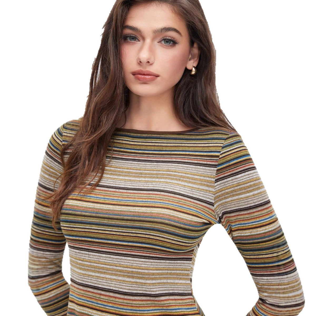 Robe mini en maille fine rayée pour femmes avec silhouette cintrée et manches longues