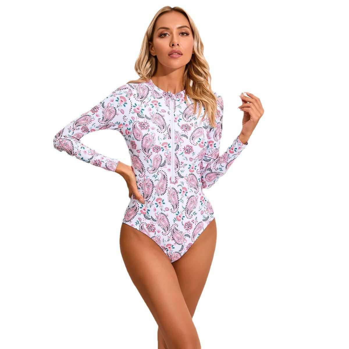 Maillot de bain une pièce femme à col montant avec zip et motif floral R&B