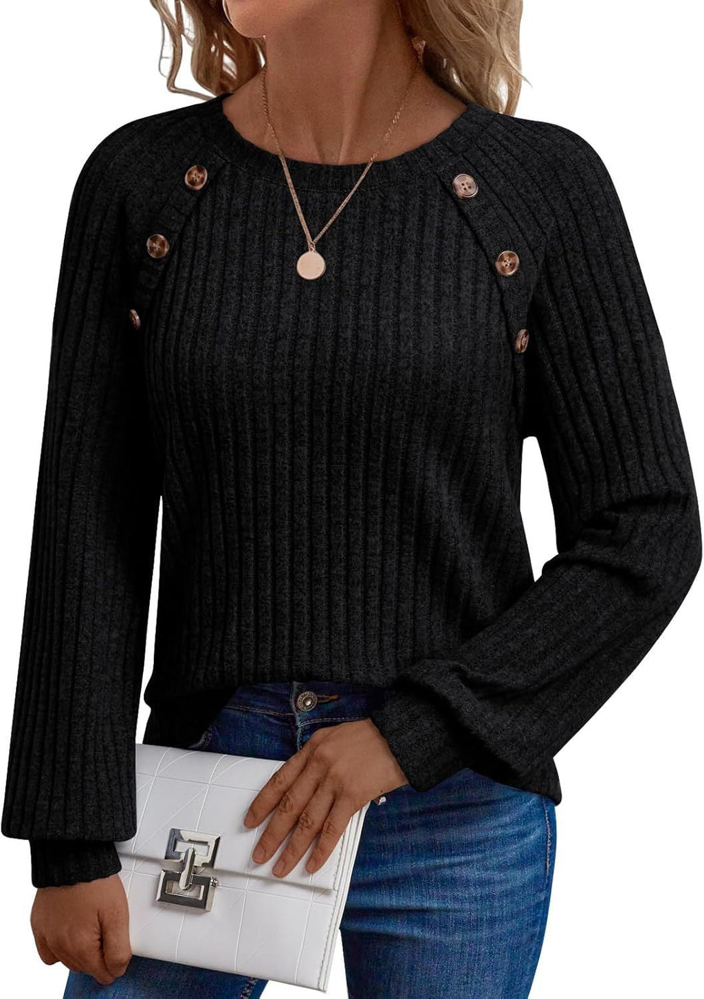 Pull en maille côtelée pour femmes avec patte de boutons décorative sur les manches raglan Echoarchiv