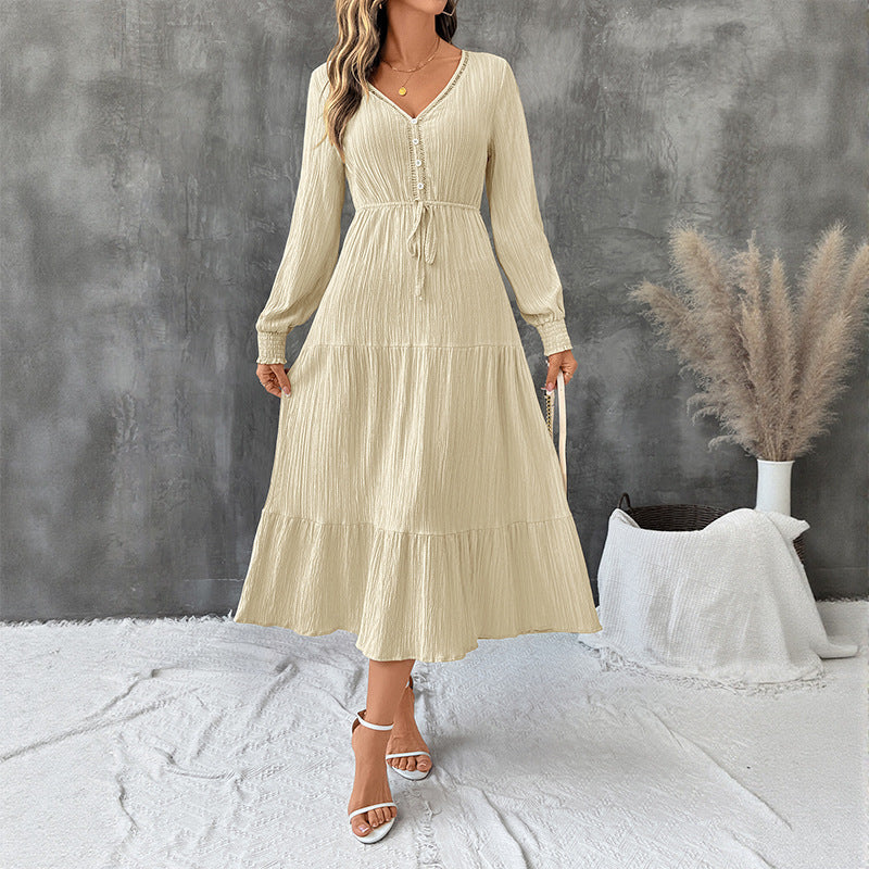 Robe midi crinkle pour femmes avec décolleté en V, patte de boutonnage, ceinture ajustée et jupe à volants Echoarchiv