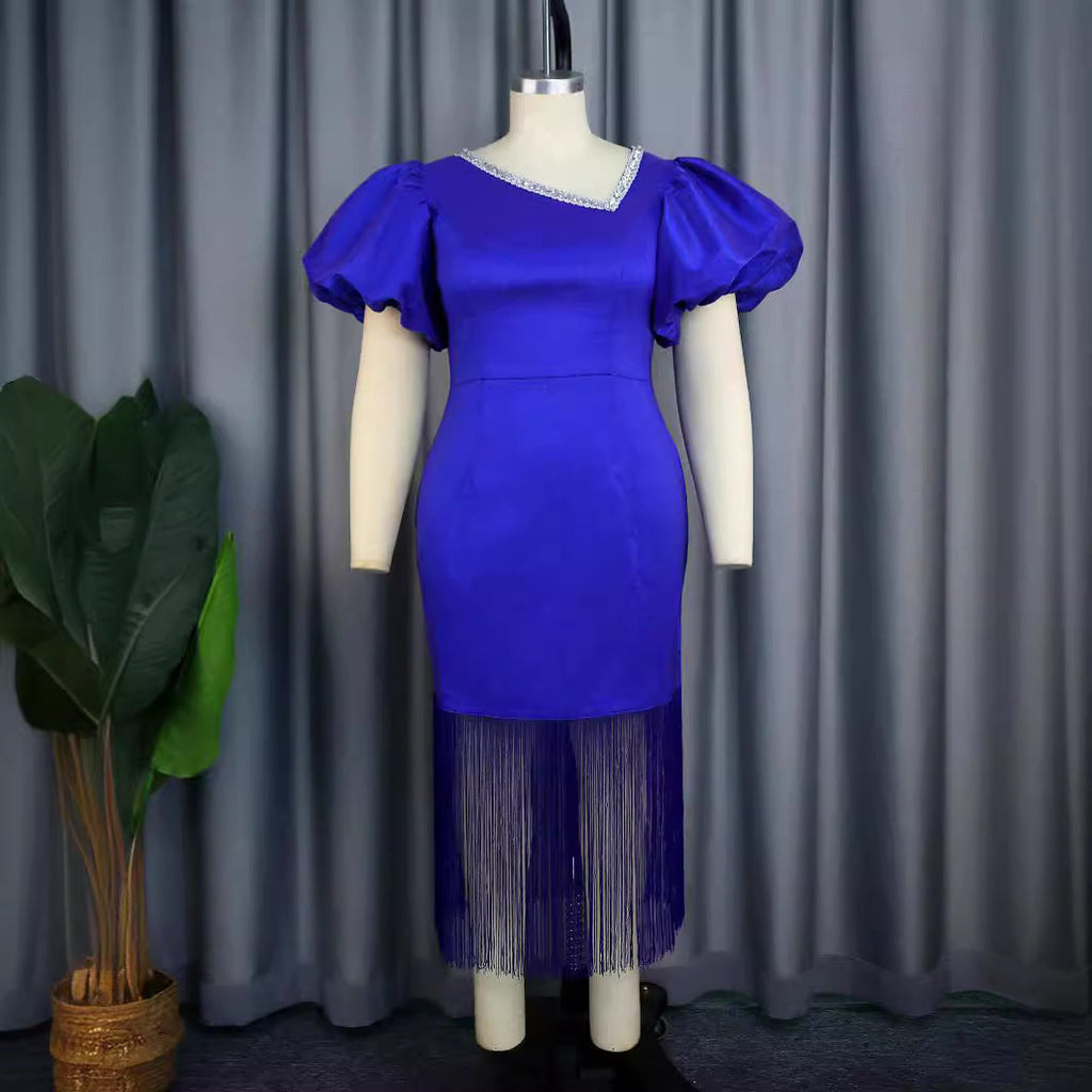 Robe de soirée glamour pour femmes avec des manches bouffantes volumineuses et un ourlet à franges R&B