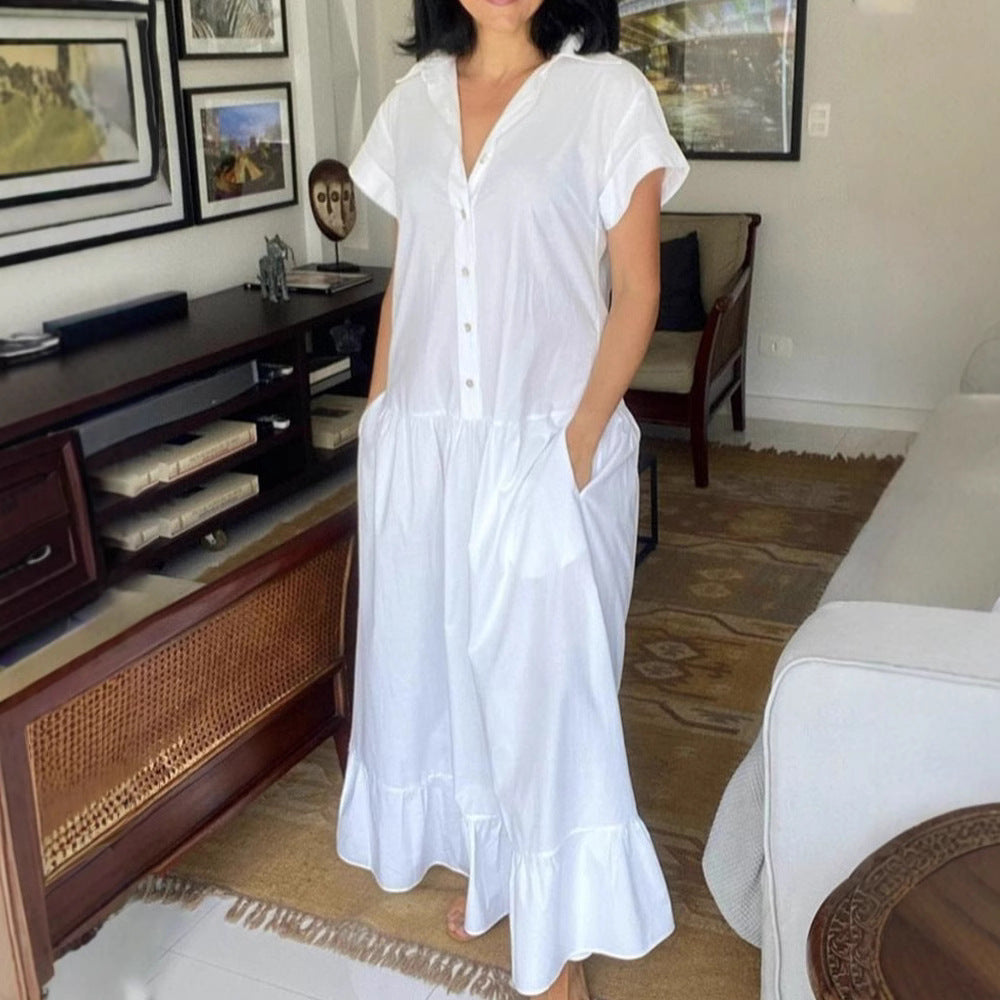 Robe Boutonnée Décontractée pour Femmes avec Poches et Ourlet Volant R&B