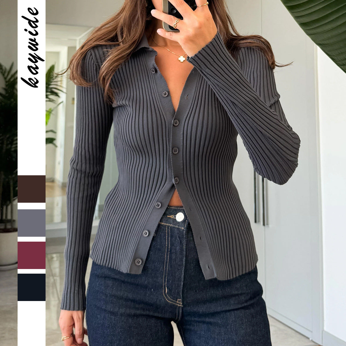 Cardigan en maille côtelée ajusté pour femmes avec patte de boutonnage cachée et ourlet ondulé Echo Archiv