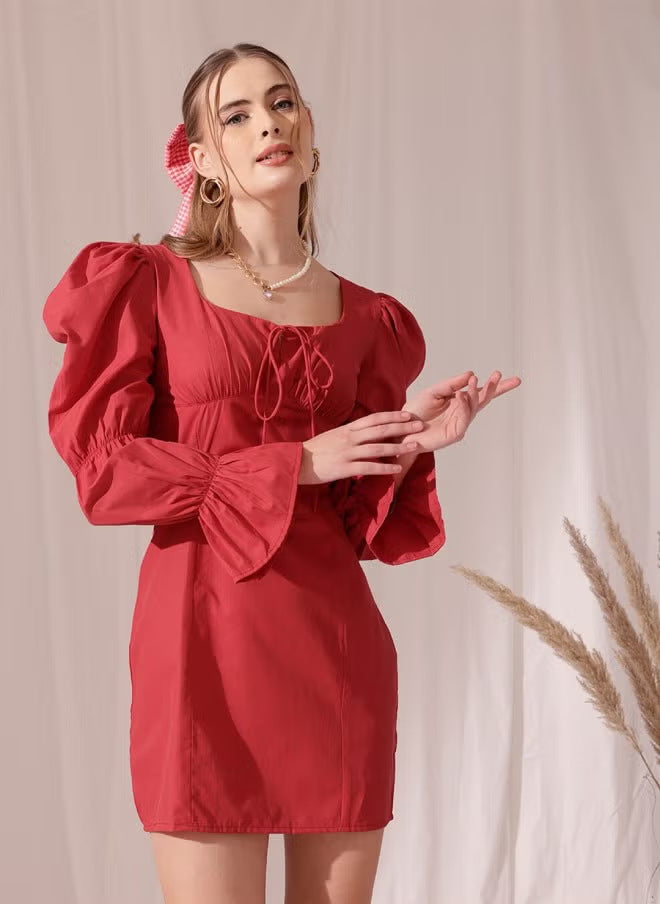 Robe mini à manches bouffantes pour femmes avec décolleté carré, bustier à cordon et manches cloche