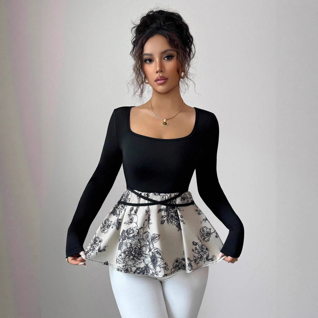 Top long à manches formant pour femmes avec décolleté carré, stretch sans couture et taille prolongée R&B