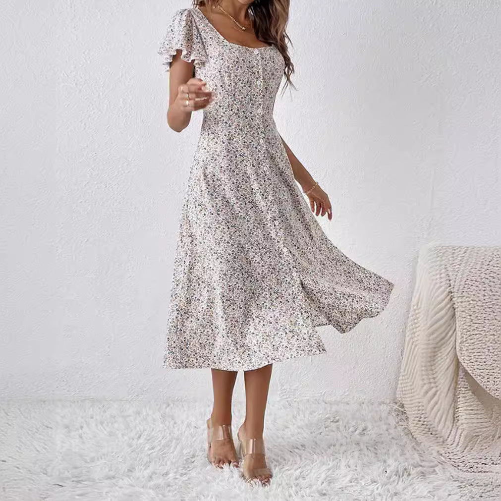 Robe midi cintrée pour femmes avec décolleté carré, patte de boutonnage cachée et jupe fluide en A R&B
