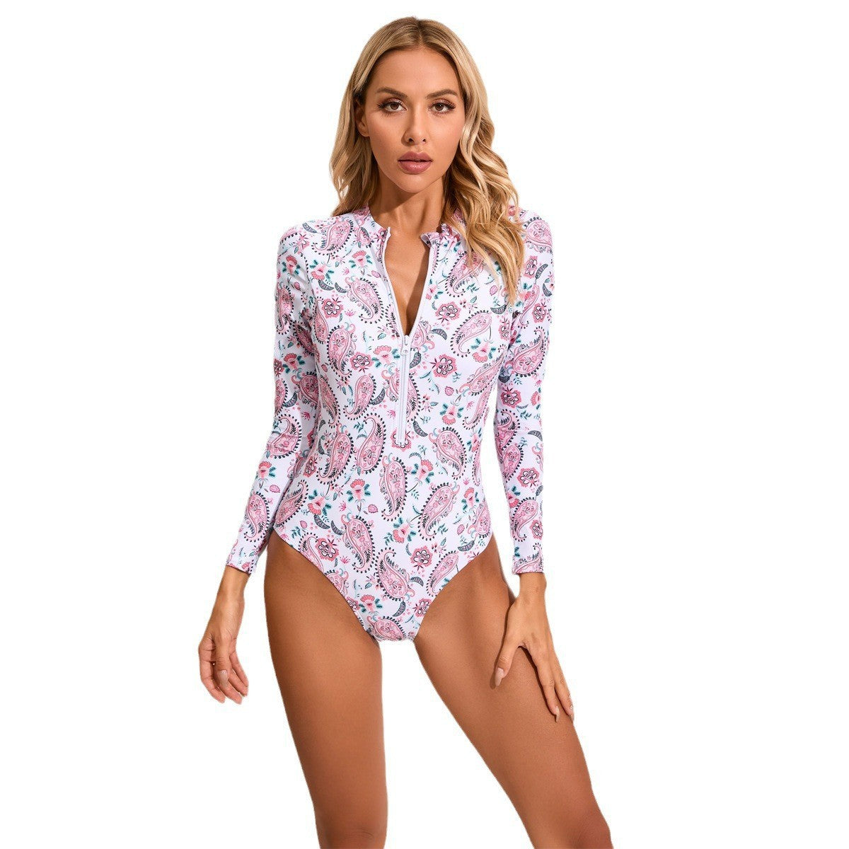 Maillot de bain une pièce femme à col montant avec zip et motif floral R&B