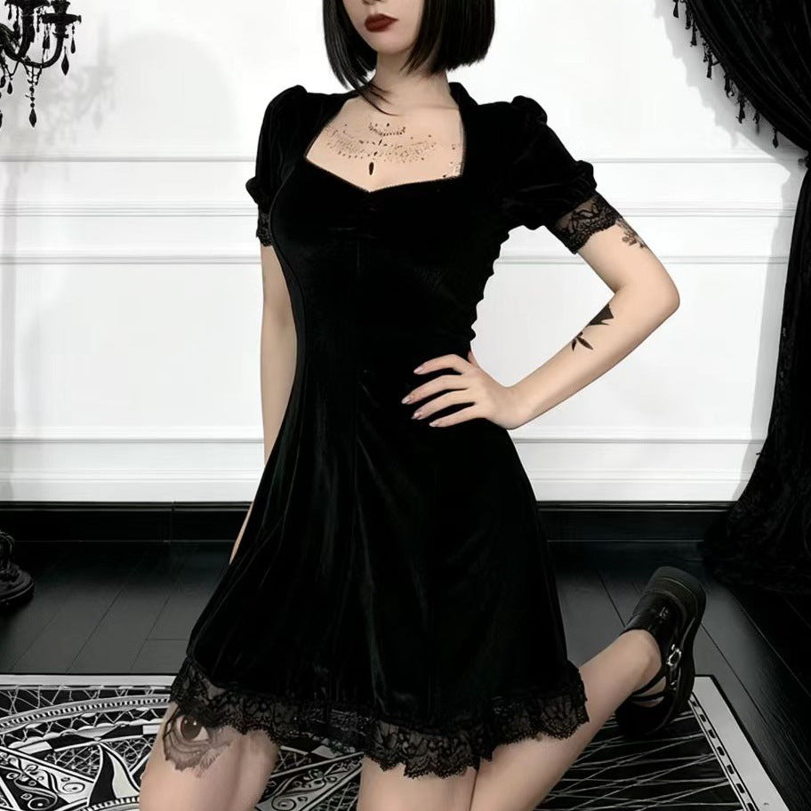 Robe Mini Femme Ludique avec Manches Bouffantes et Dentelle Délicate R&B