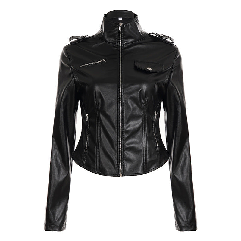 Veste en simili cuir pour femmes, cintrée, style biker, avec col montant, épaulettes et poches zippées Echo Archiv