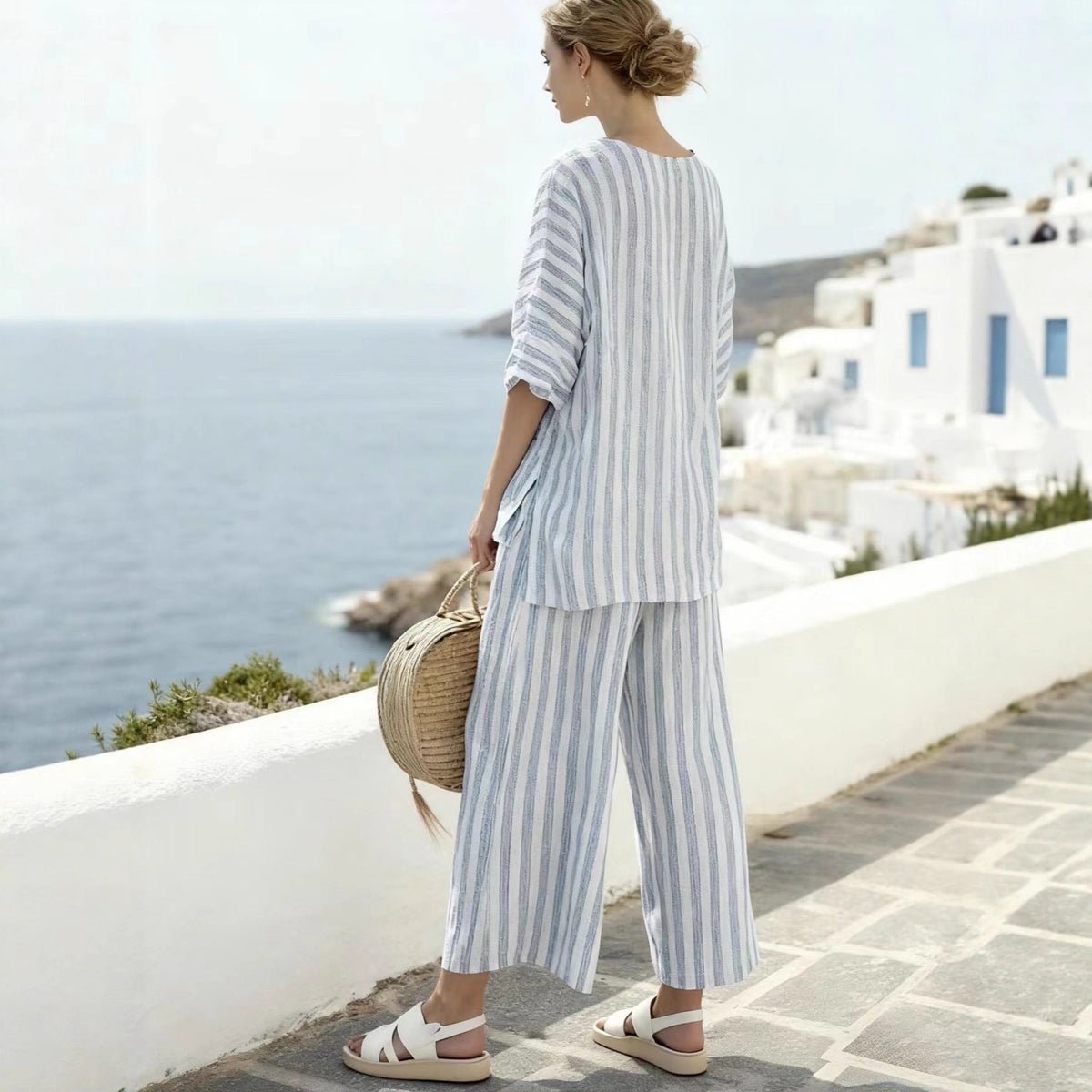 Ensemble de lounge en lin à rayures pour femmes, composé d'une blouse oversize et d'un palazzo taille haute