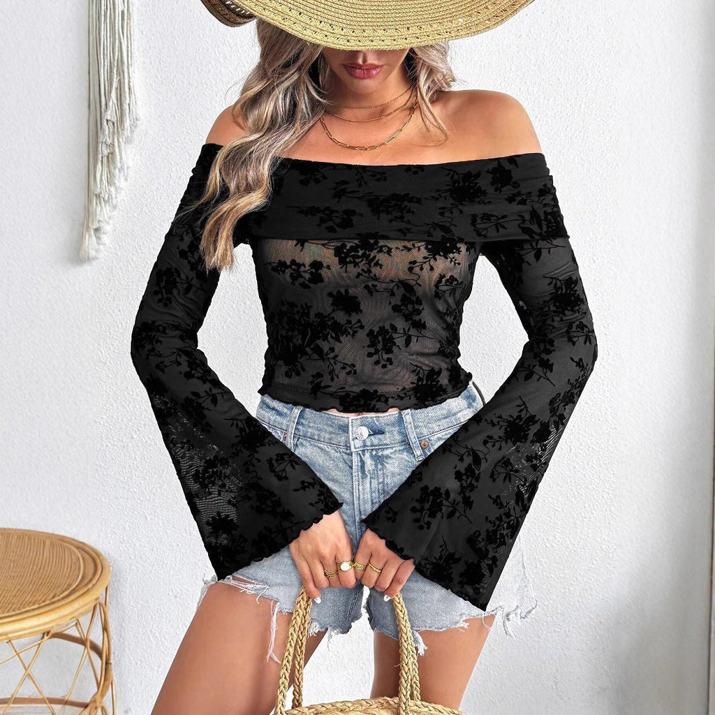 Top en résille sans manches pour femmes avec application en velours floral, coupe courte et manches trompette R&B