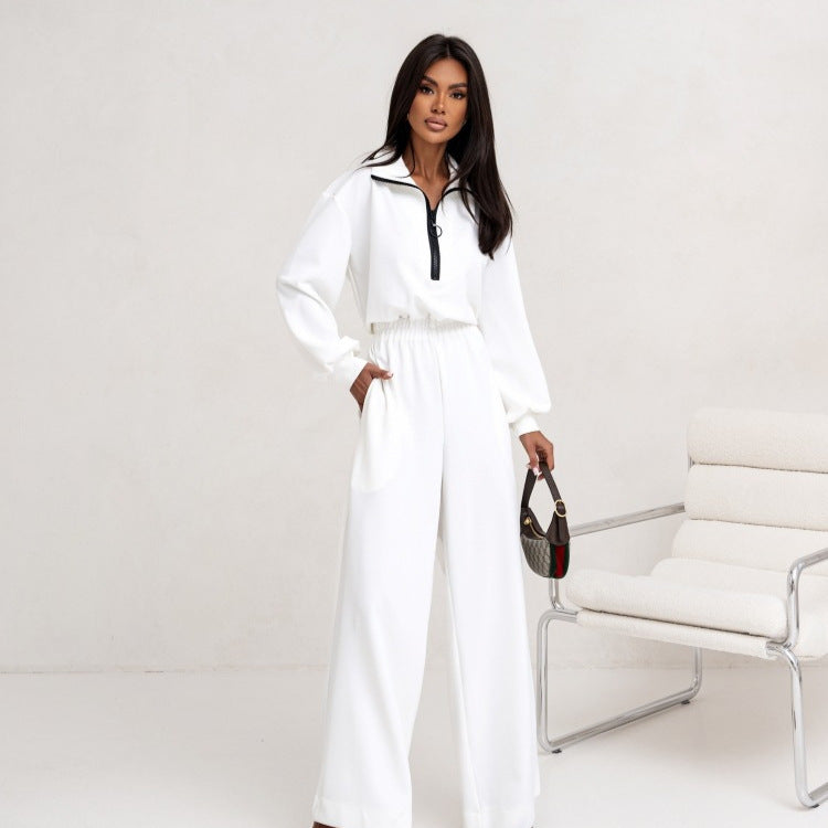 Pull zippé décontracté pour femmes avec taille élastique et pantalon palazzo extra large Ensemble Echo Archiv