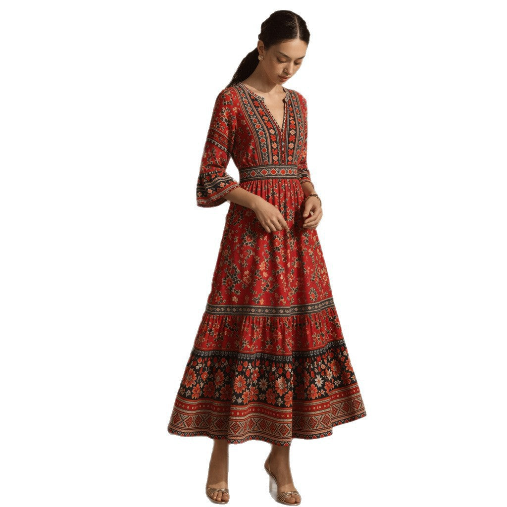 Robe maxi Boho longue pour femmes avec décolleté en V, taille froncée et jupe à volants Echo Archiv