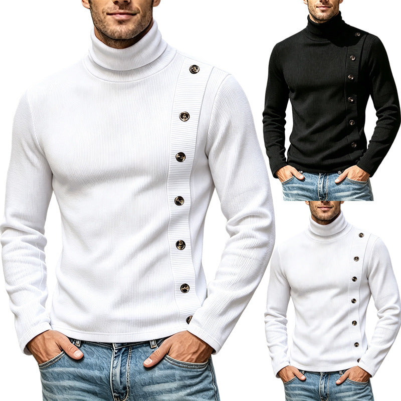 Pull à col roulé Slim-Fit pour hommes avec patte de boutonnage décorative asymétrique en maille côtelée Echoarchiv