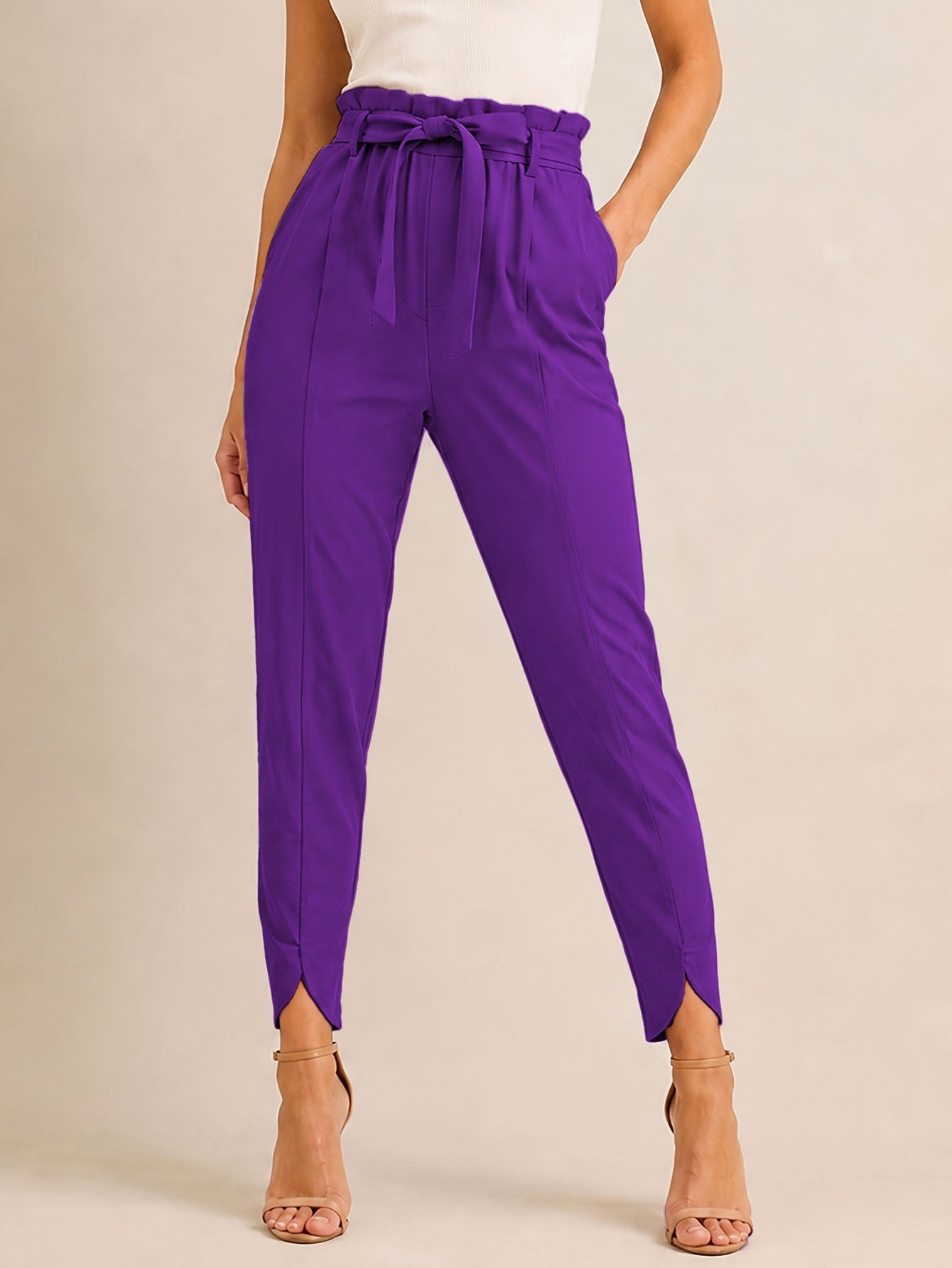 Pantalon paperbag taille haute pour femmes avec ceinture à nouer et finition cheville fendue Echo Archiv