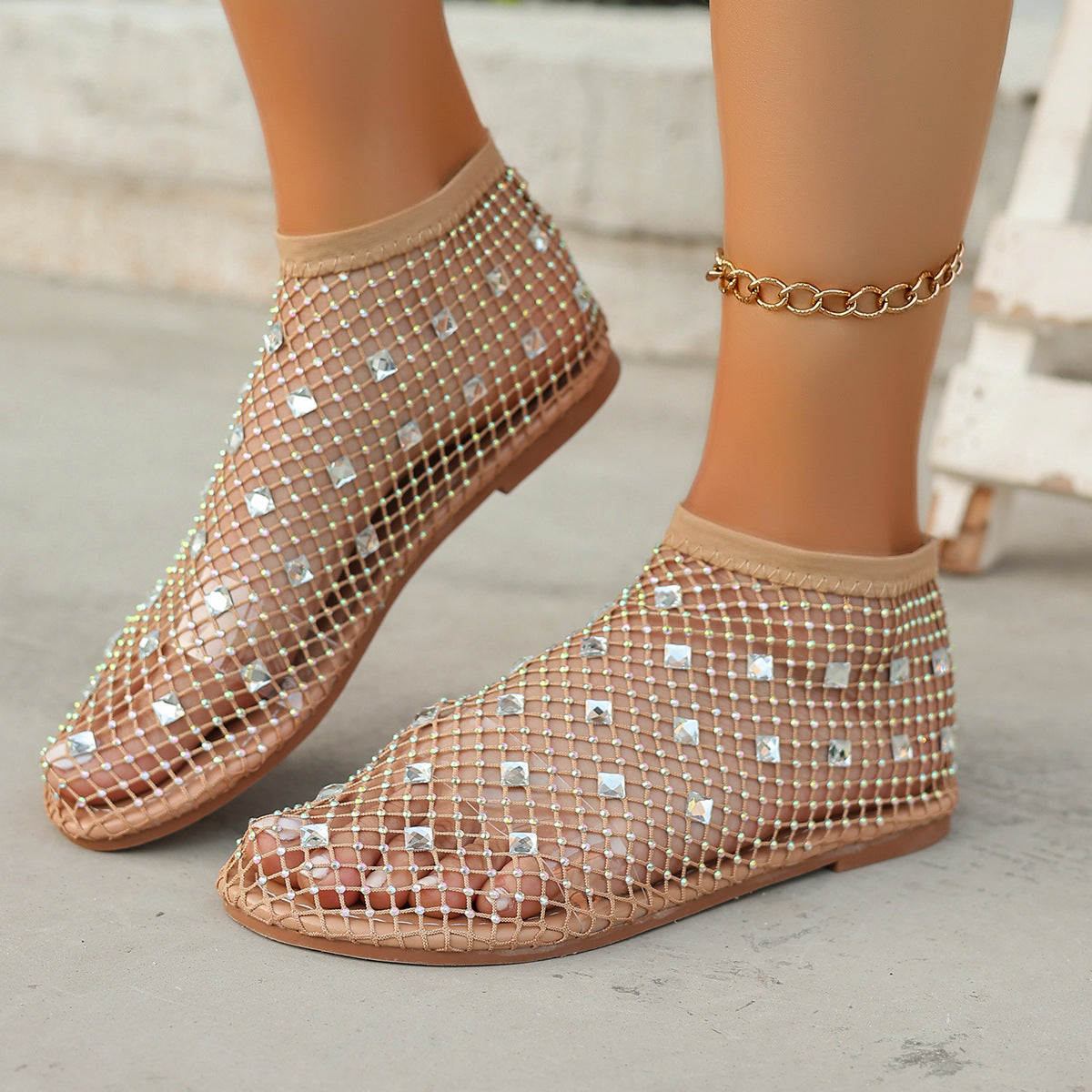Sandales en filet pour femmes avec des appliques en strass scintillantes R&B