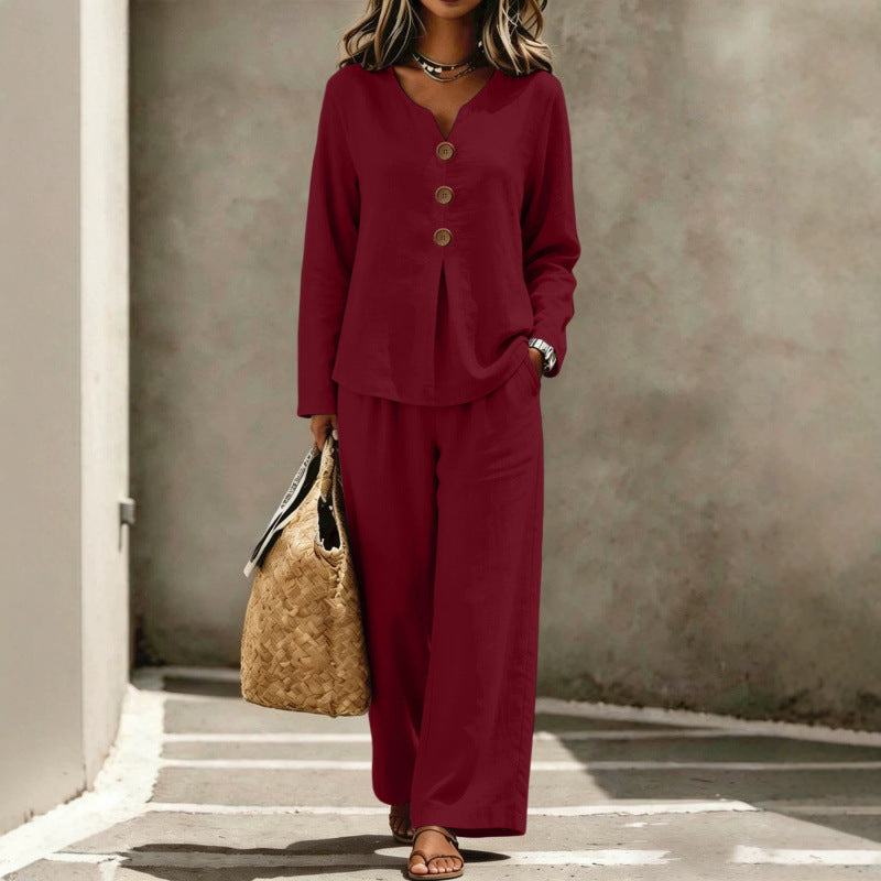 Ensemble Lounge Femme en Lin à Deux Pièces avec Décolleté en V, Blouse à Boutons et Pantalons Palazzo Echoarchiv