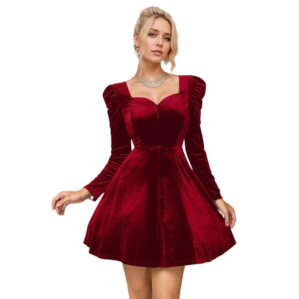 Robe courte en velours pour femme avec décolleté en cœur, effet corset ajusté et manches bouffantes volumineuses