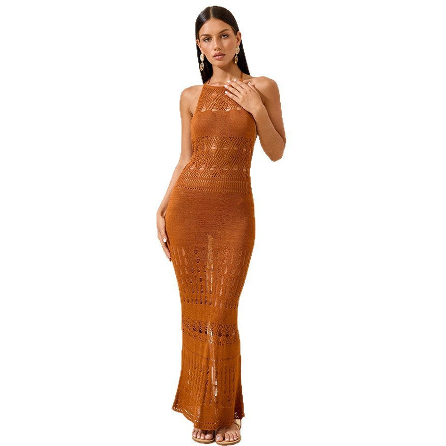 Robe maxi en crochet élégante pour femmes avec décolleté plongeant R&B