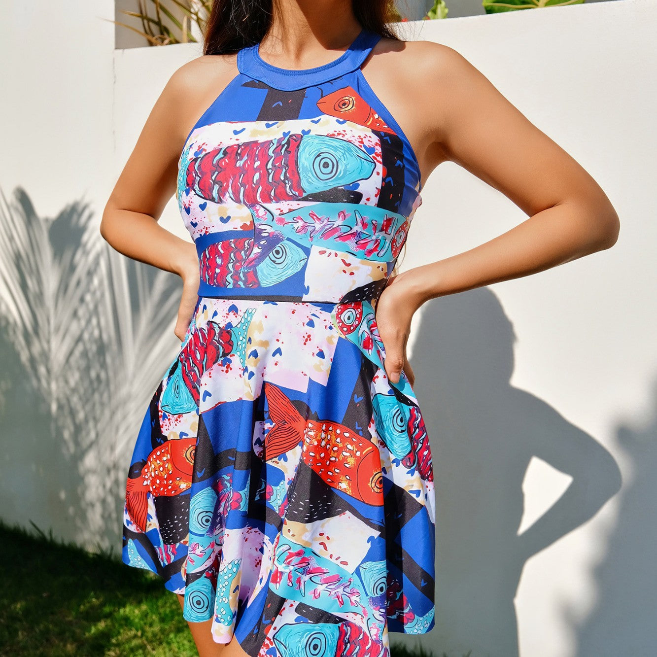 Robe d'été pour femmes avec imprimé de poissons colorés et jupe évasée R&B