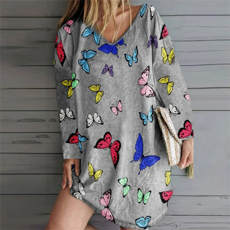 Robe tunique oversize pour femmes avec décolleté en V et imprimé papillon Echo Archive