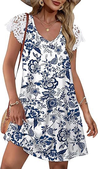 Robe d'été pour femmes avec des manches en dentelle élégantes et un motif floral R&B