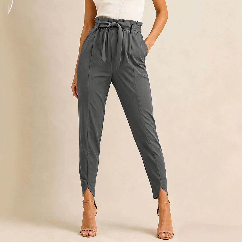 Pantalon paperbag taille haute pour femmes avec ceinture à nouer et finition cheville fendue Echo Archiv