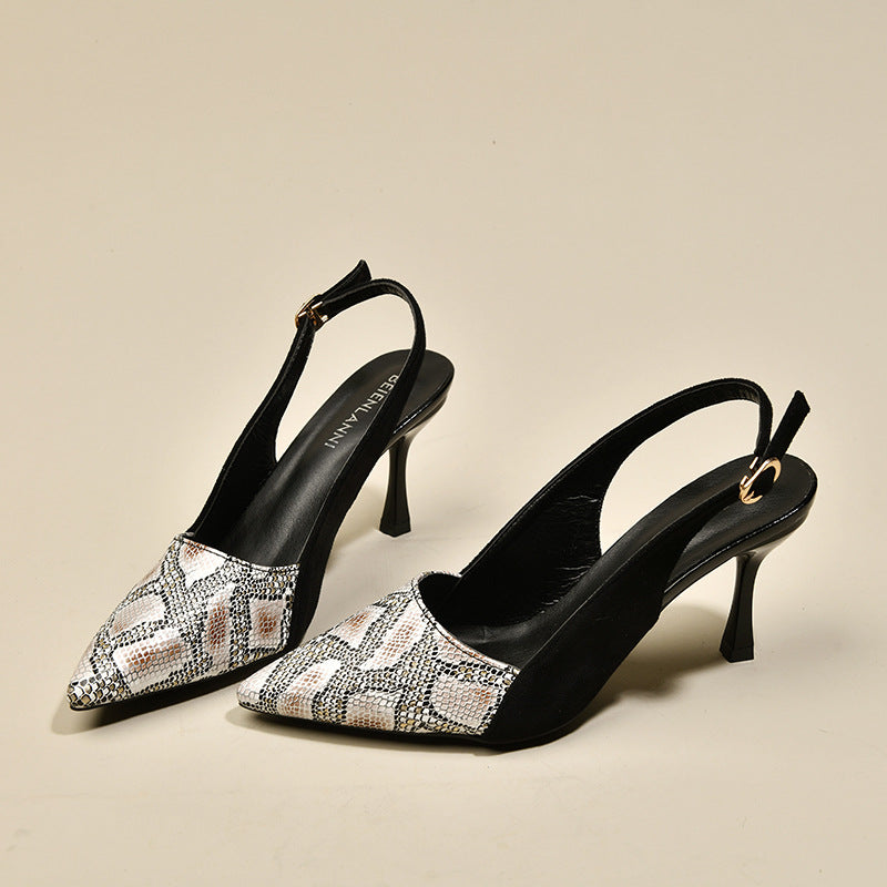 Escarpins à talon ouvert pour femmes avec une élégante pointe et un motif serpent tendance R&B