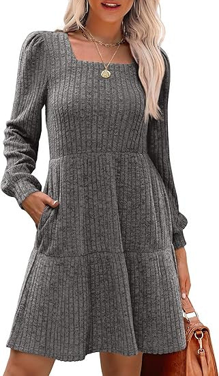 Robe Minikleid A‑Ligne Tricotée pour Femmes avec Décolleté Carré, Jupe à Volants et Poches Latérales
