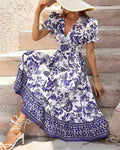 Robe maxi Boho cintrée pour femmes avec décolleté en V, manches bouffantes et jupe à volants R&B