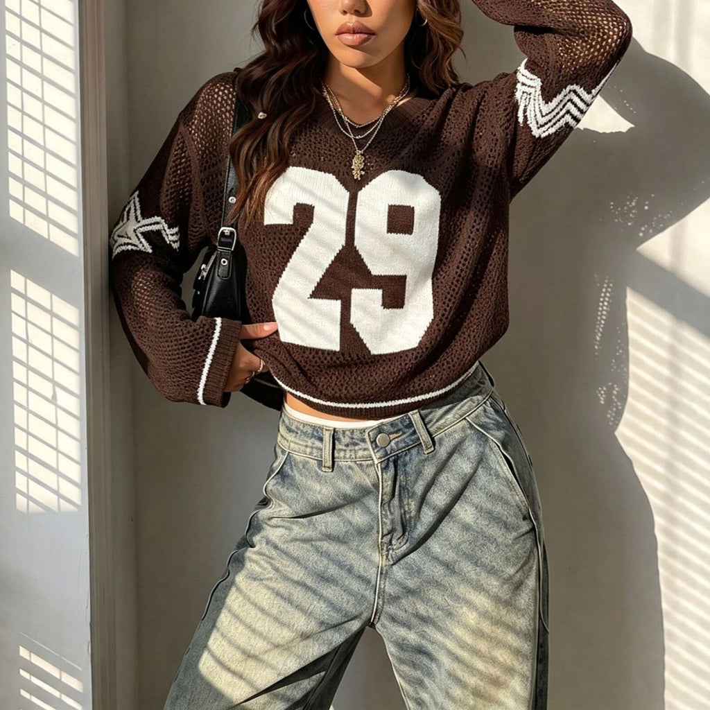 Pull cropped en maille oversize pour femmes avec décolleté en V Echoarchiv