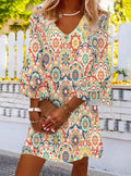 Robe mini A-line à manches cloche trois-quarts et décolleté en V pour femmes avec imprimé mandala ornemental R&B