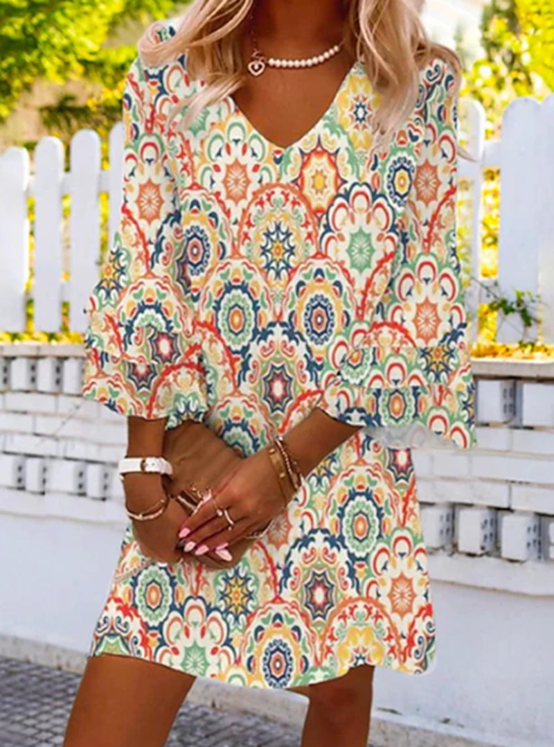 Robe mini A-line à manches cloche trois-quarts et décolleté en V pour femmes avec imprimé mandala ornemental R&B