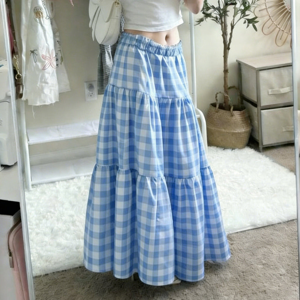 Jupe longue en viscose pour femmes avec un motif à carreaux volumineux et une taille élastique R&B