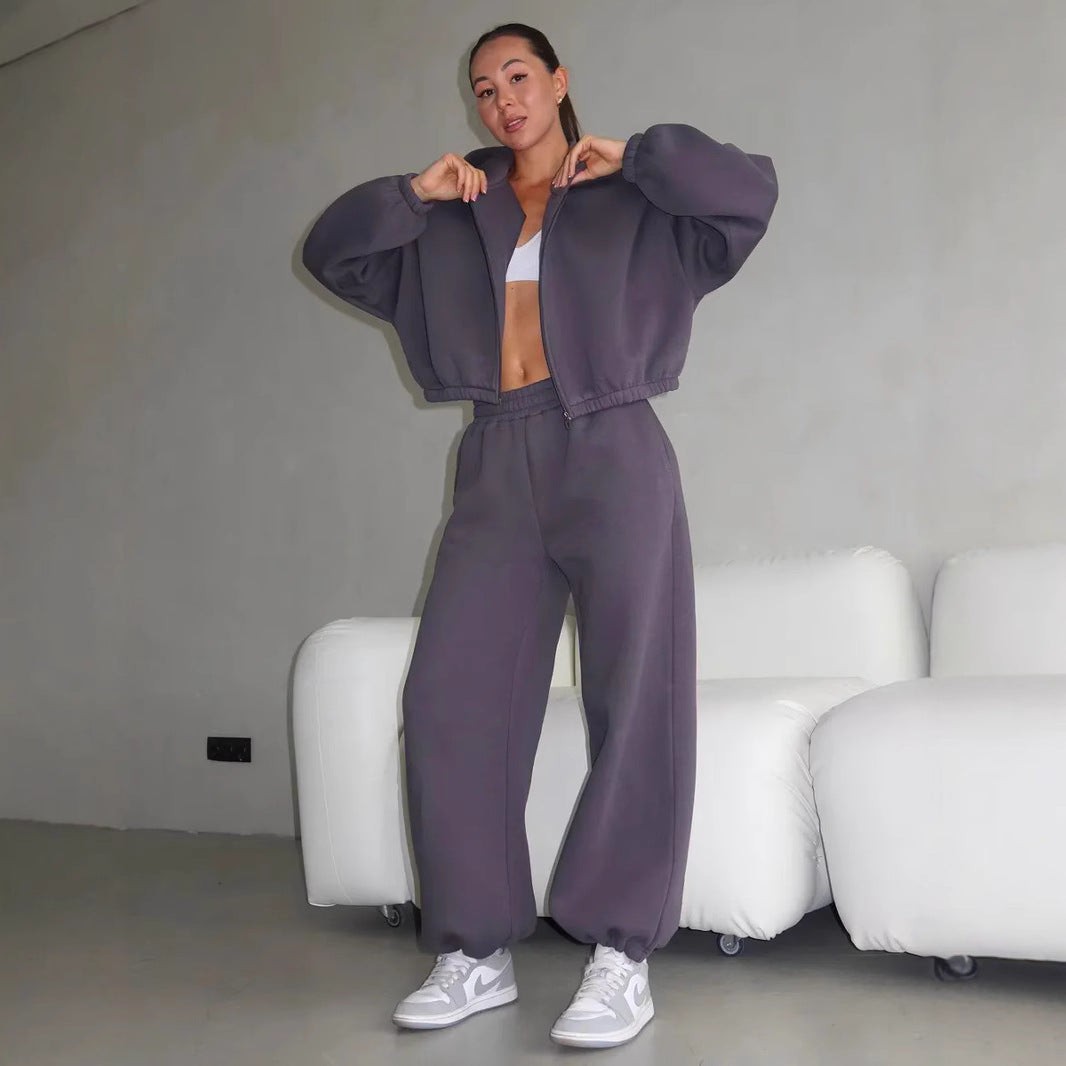 Ensemble de survêtement oversize pour femmes avec bomber à fermeture éclair et pantalon de jogging taille haute