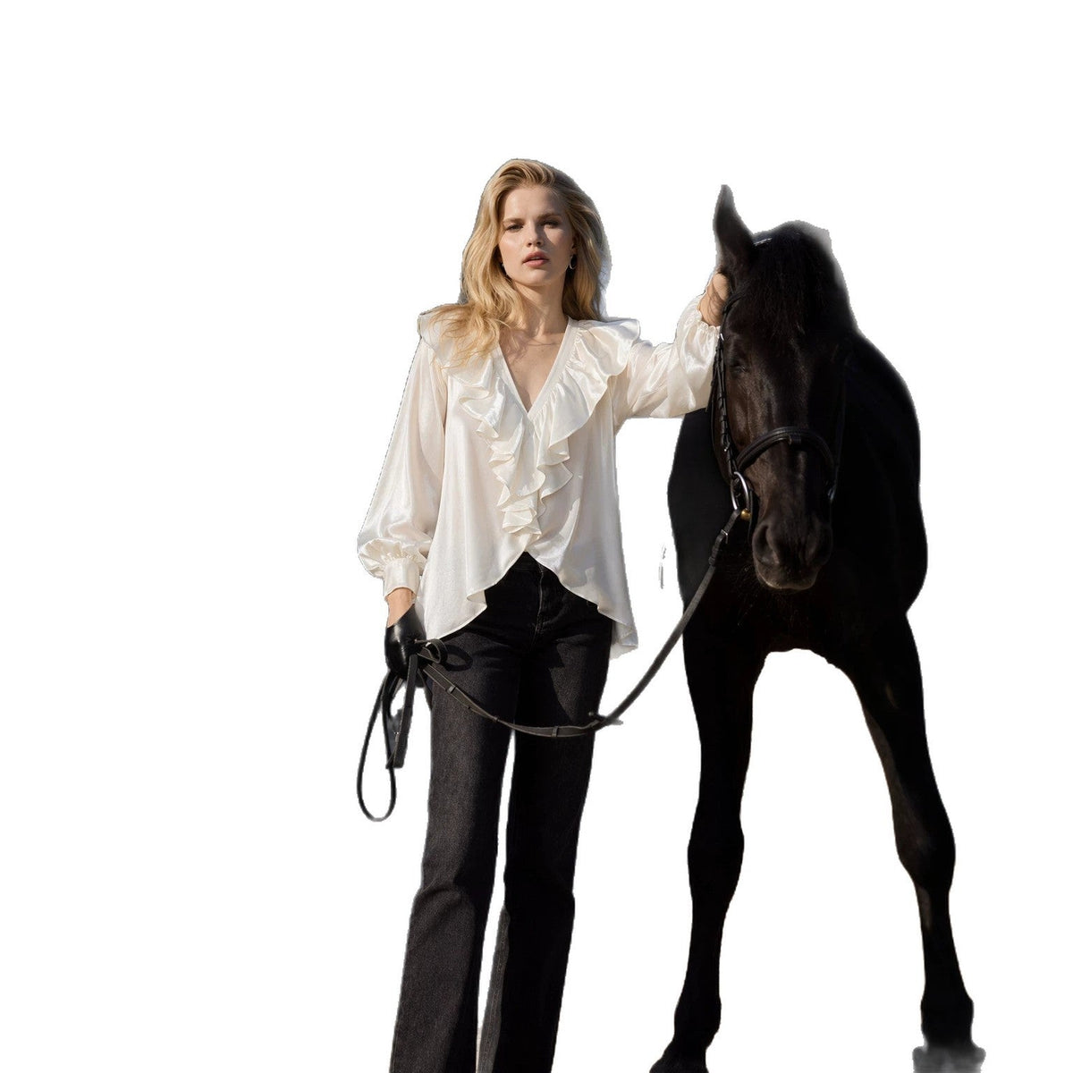Blouse à volants en V scintillante pour femmes avec manches ballon et poignets élastiques