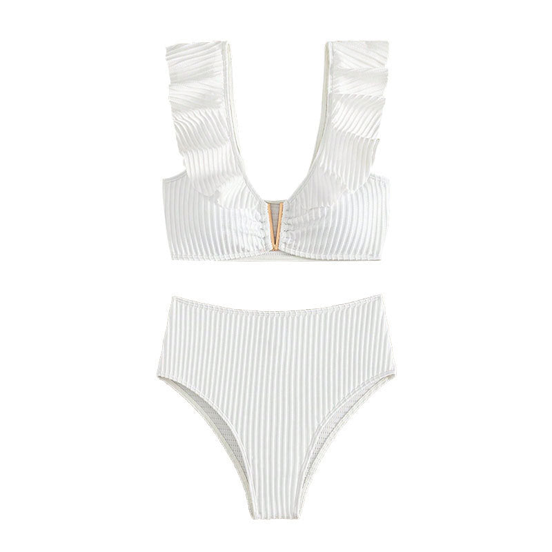 Ensemble de bikini taille haute pour femmes avec détails en volants et accents dorés R&B