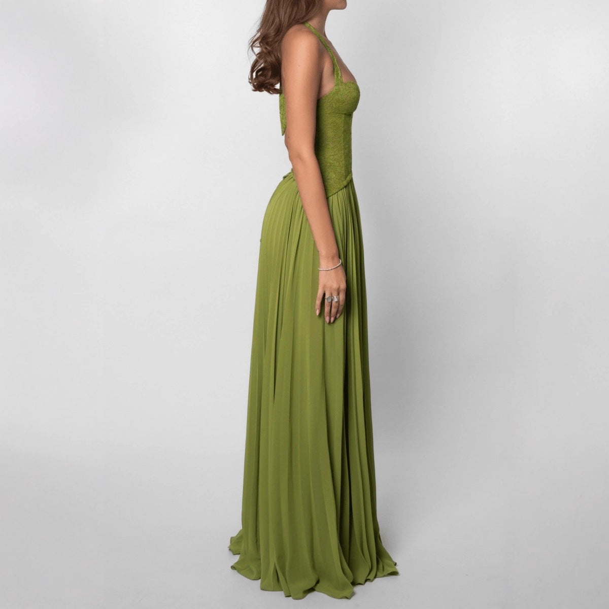 Robe corset à col halter pour femmes avec corsage en dentelle et jupe plissée fluide R&B