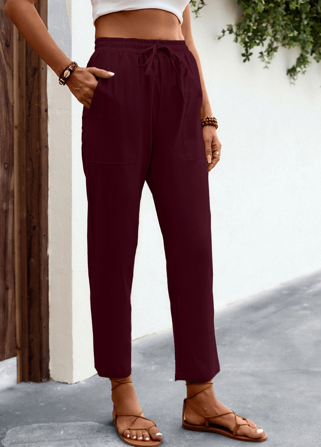 Pantalon Chino Femme Léger Taille Haute avec Cordon de Serrage, Poches Plaquées et Coupe Cheville Raccourcie