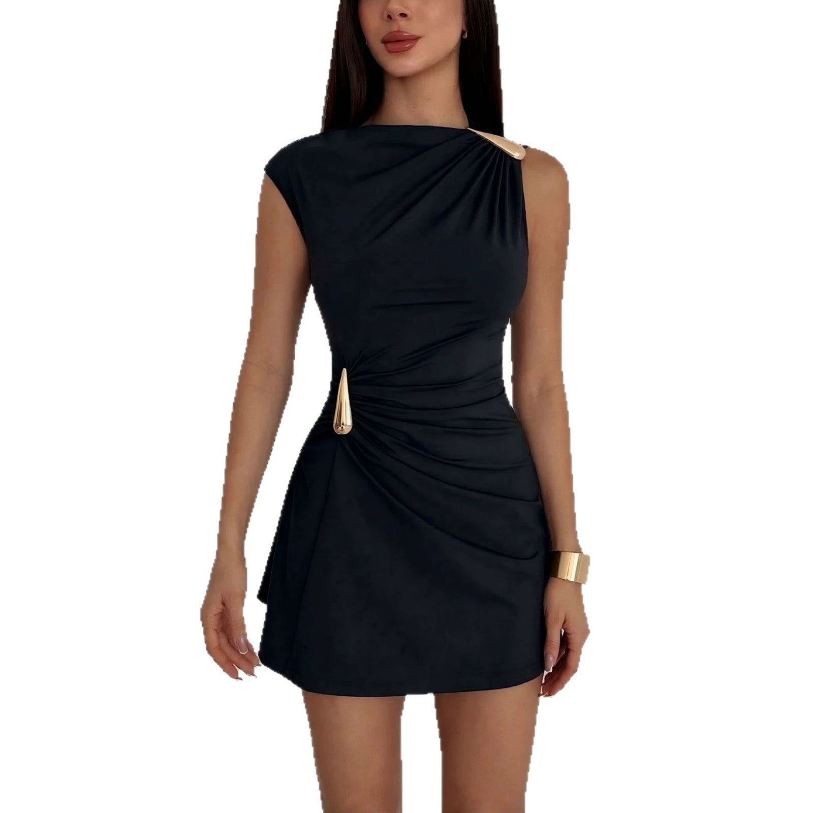 Robe mini ajustée à une épaule avec application de fronces latérales et fermetures décoratives R&B