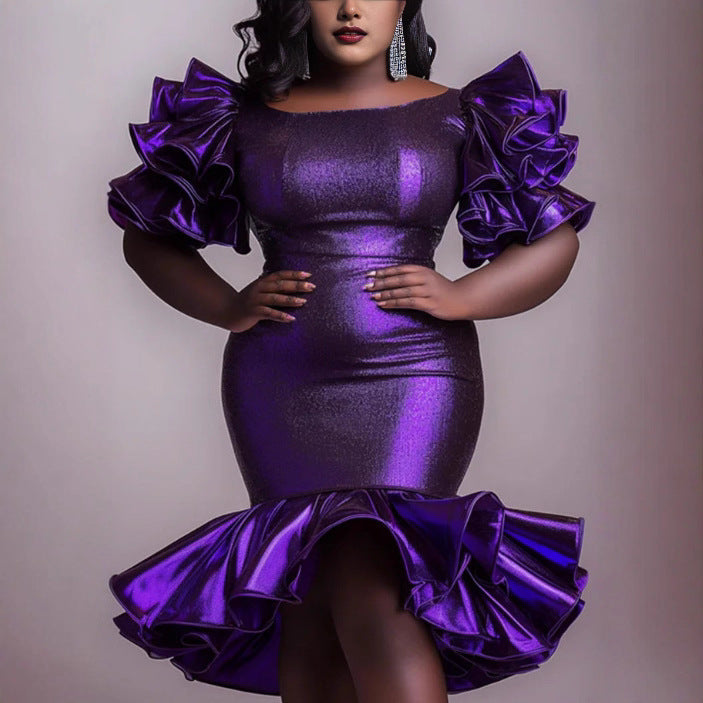 Robe de soirée glamour pour femmes avec épaules volumineuses en volants R&B