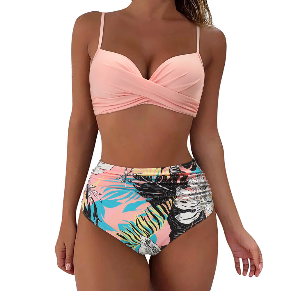 Ensemble de bikini taille haute pour femmes avec haut floral et culotte froncée R&B