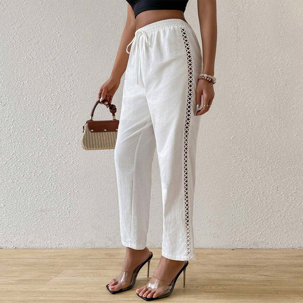 Pantalon décontracté en lin pour femmes avec taille élastique, cordon de serrage et insertion en dentelle latérale