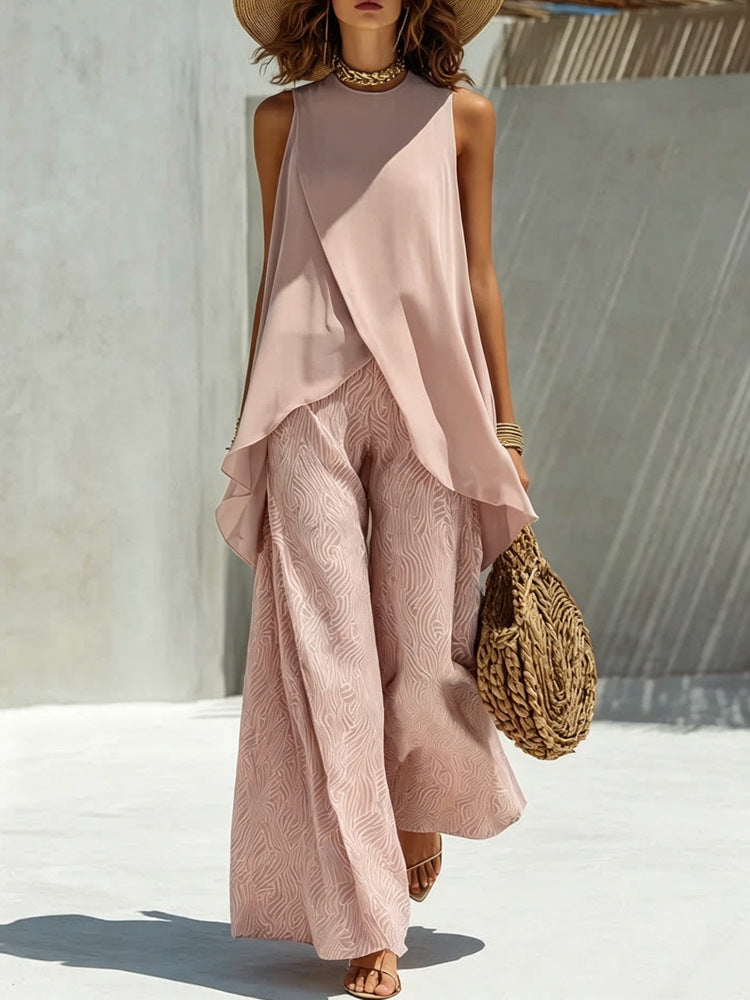 Ensemble élégant et léger pour femmes avec top asymétrique et pantalons larges R&B