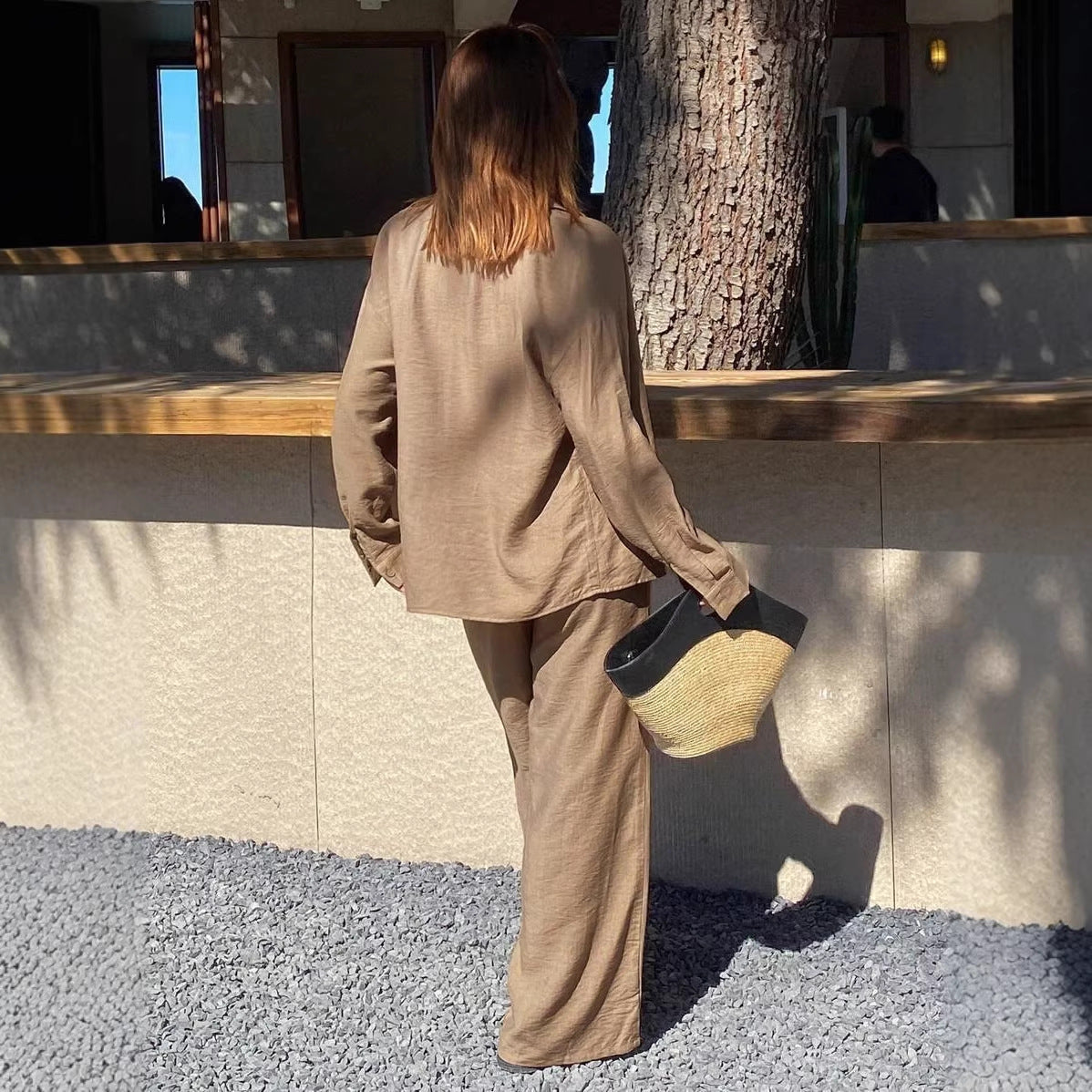 Ensemble de détente en lin pour femmes avec chemise oversize et pantalon palazzo à cordon Echo Archiv