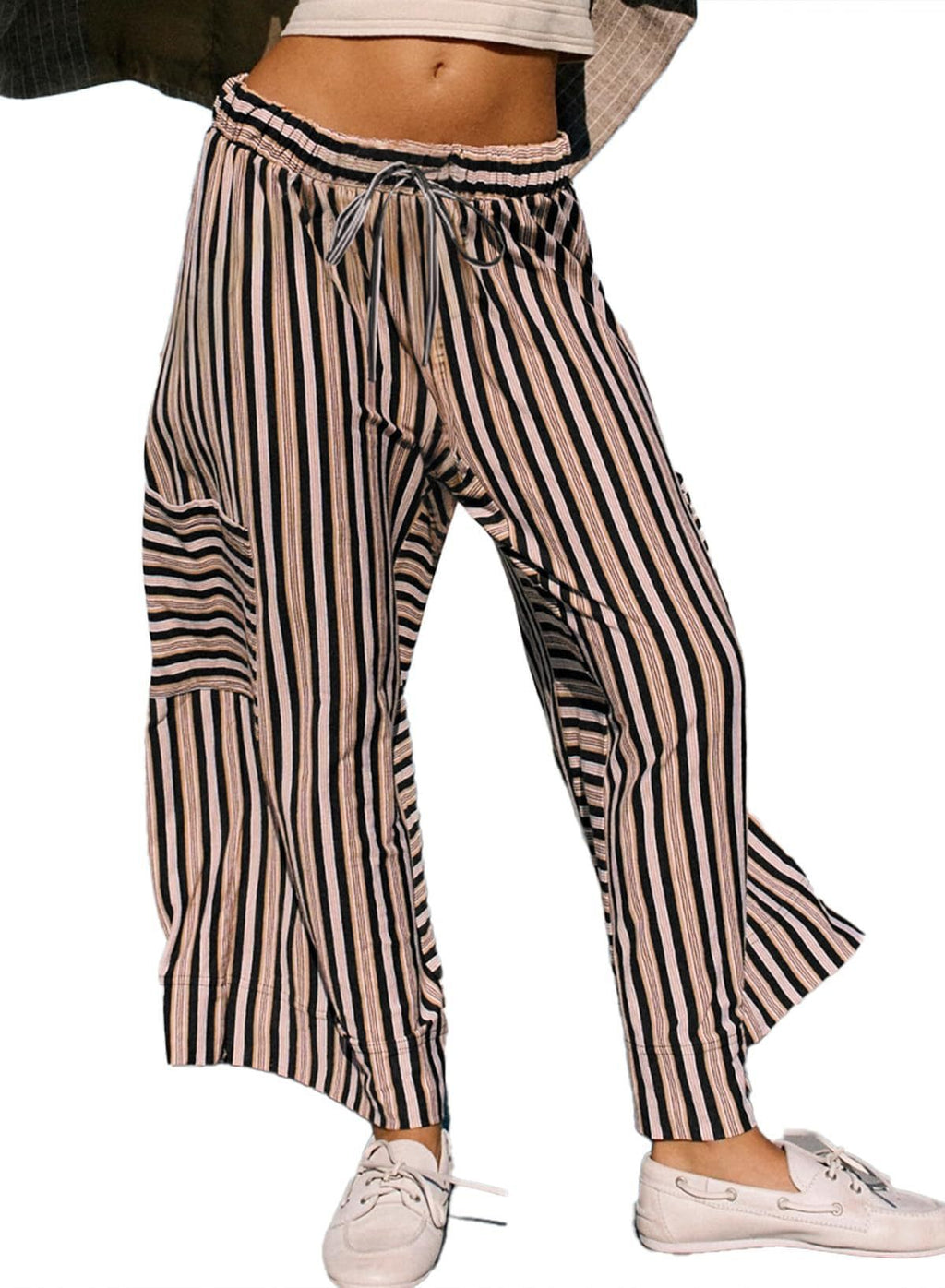 Pantalon de jogging large à rayures pour femmes avec cordon de serrage et poches latérales Echoarchiv